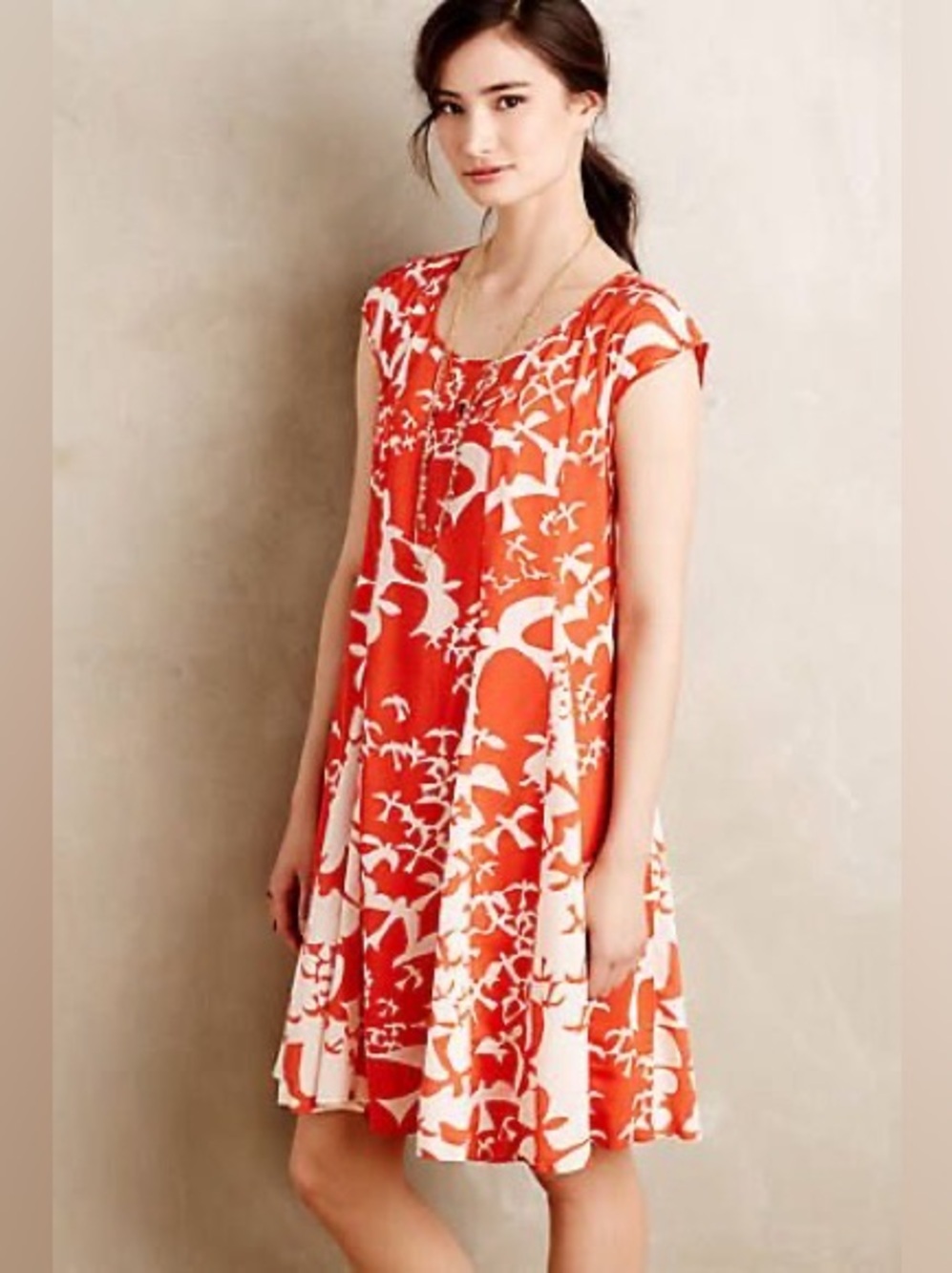 Anthropologie Maeve  Orange Bird Print Swing Dress Size Small Flowy Casual